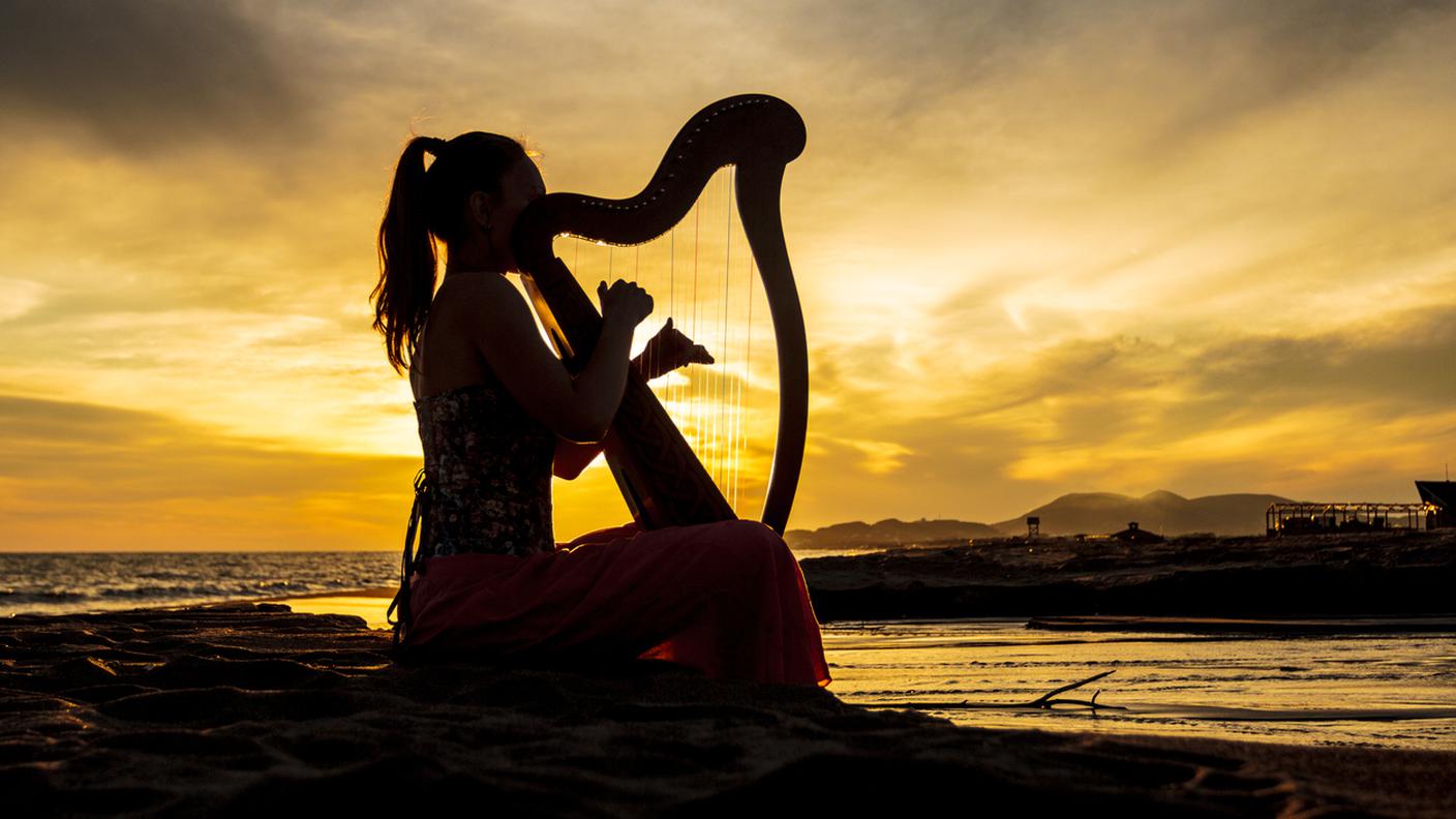 arpa, musica, tramonto, strumento