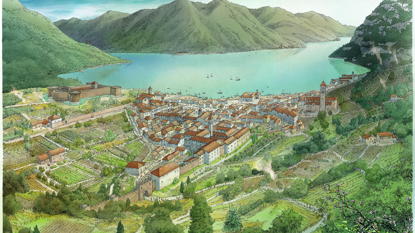 Lugano nel 1515 (rielaborazione della veduta di Matthäus Merian del 1640)