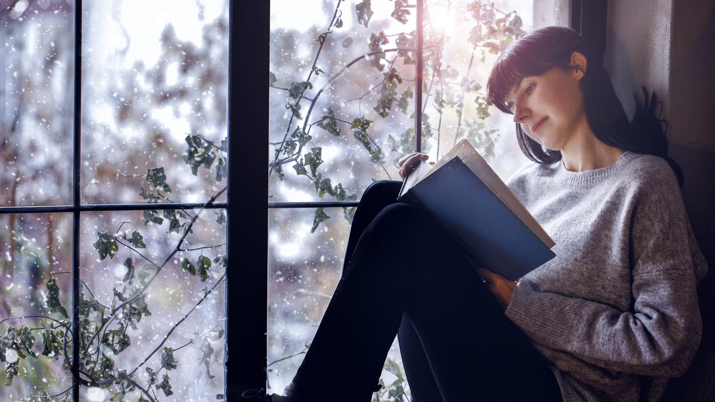 leggere, finestra, libro, neve