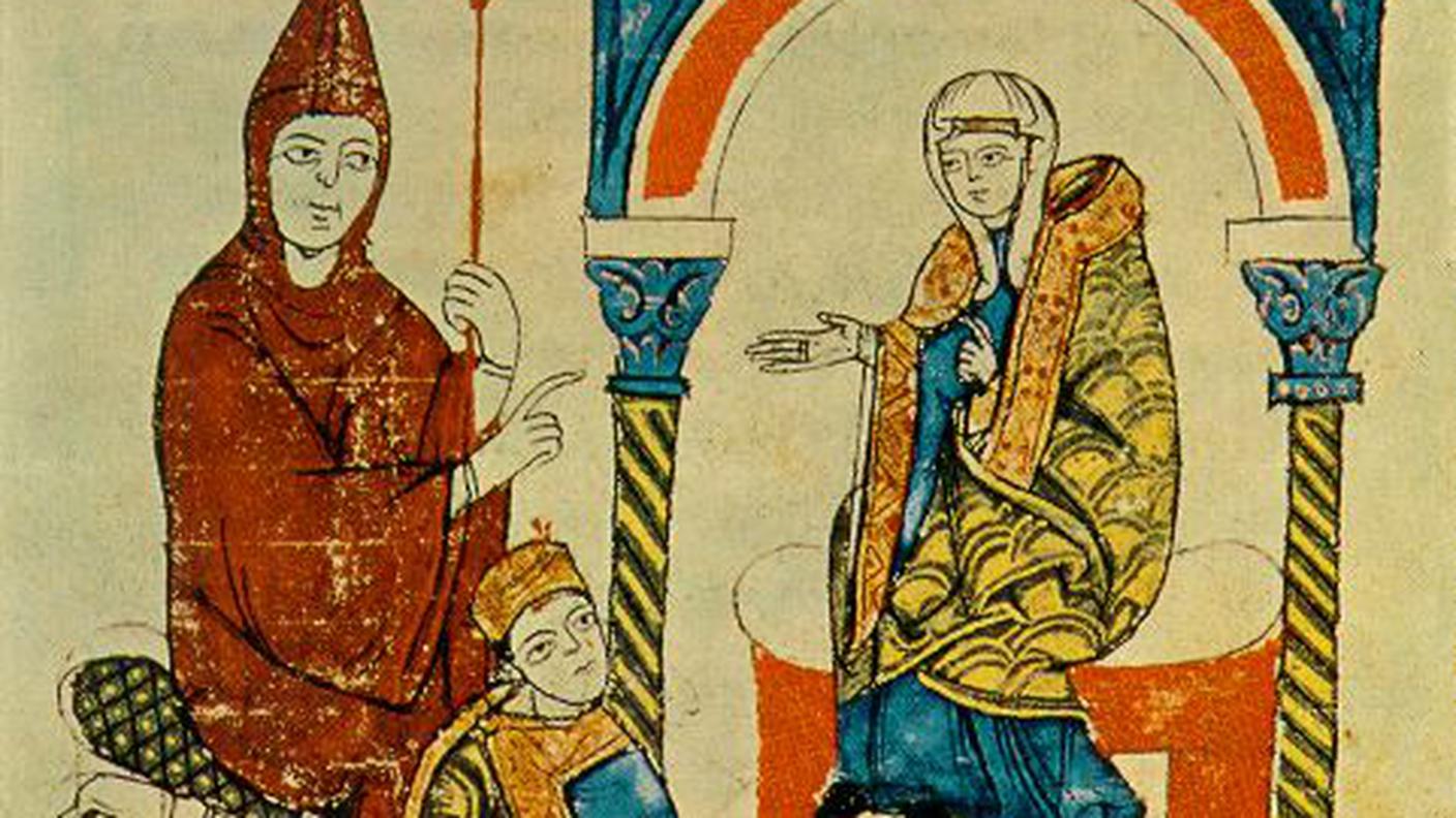 Rex rogat abbatem / Mathildim supplicat atque, Miniatura del codice originale della Vita Mathildis di Donizone di Canossa (sec. XII), Biblioteca Vaticana, Roma. Cod. Vat. lat. 4922 (1115).