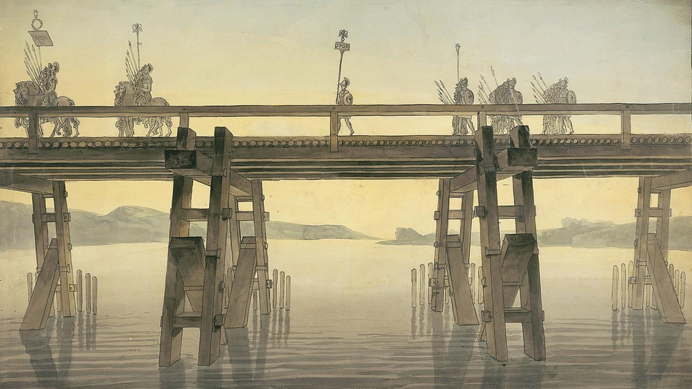 Il ponte di Cesare sul Reno nel 53 a.C. Tela di John Soane, 1814