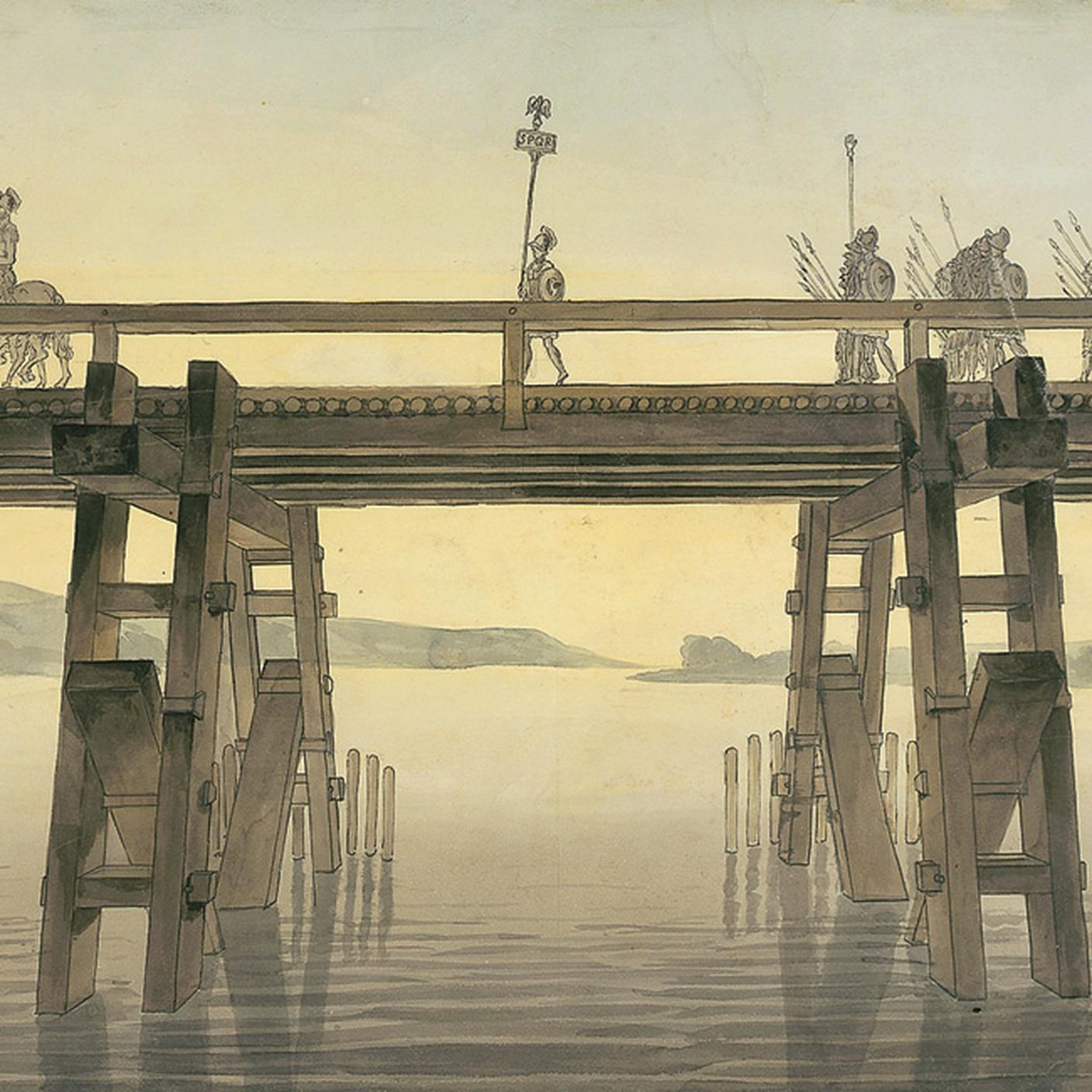 Il ponte di Cesare sul Reno nel 53 a.C. Tela di John Soane, 1814