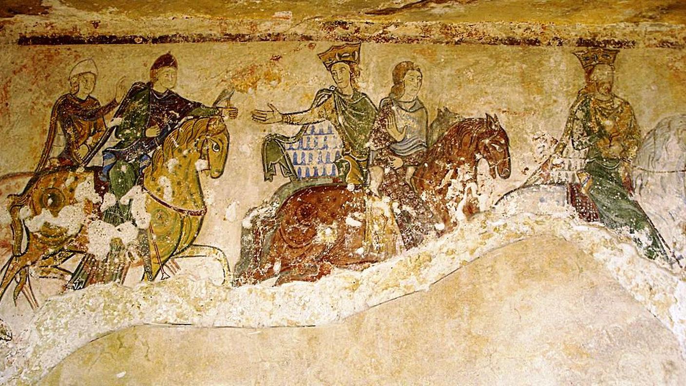 Murale nella Chapelle Sainte-Radegonde de Chinon (Cappella di Saint Radegund a Chinon, Francia). Eleonora d'Aquitania, Henry Plantagenet e i loro figli.