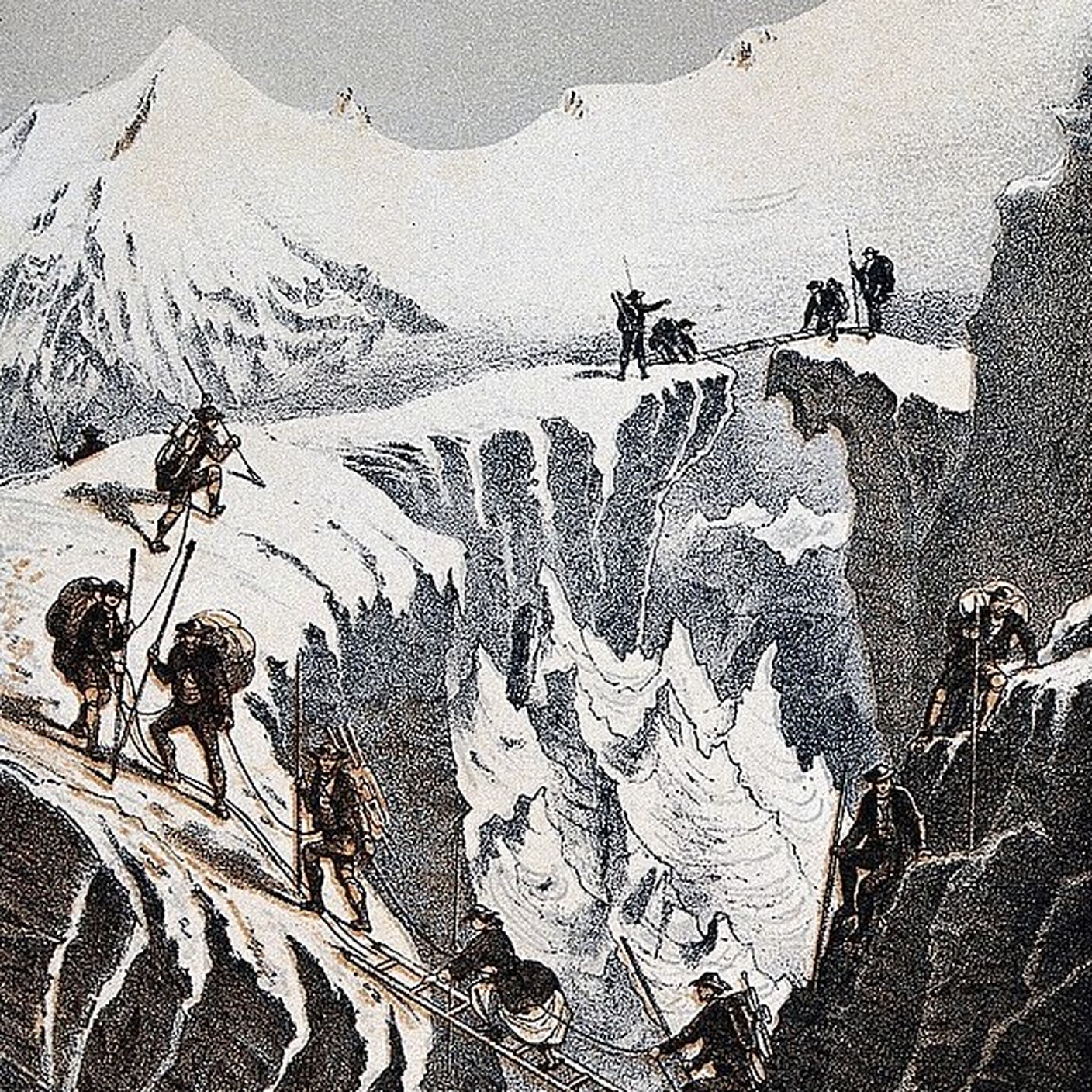 Henriette d'Angeville e il suo seguito durante la salita al Monte Bianco in una litografia di F. Baumann