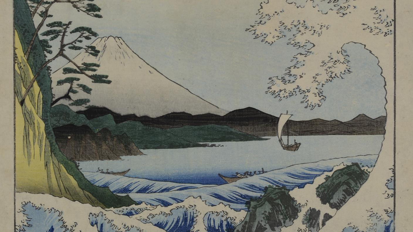 Utagawa Hiroshige, Il mare davanti a Satta nella provincia di Suruga (Suruga Satta kaijōōōō), 1858, Dalla serie «36 vedute del monte Fuji» (Fuji sanjūūūrokkei)», Xilografia policroma, 36,9 x 25,1 cm, Staatliche Museen zu Berlin, Museum für Asiatische Kunst