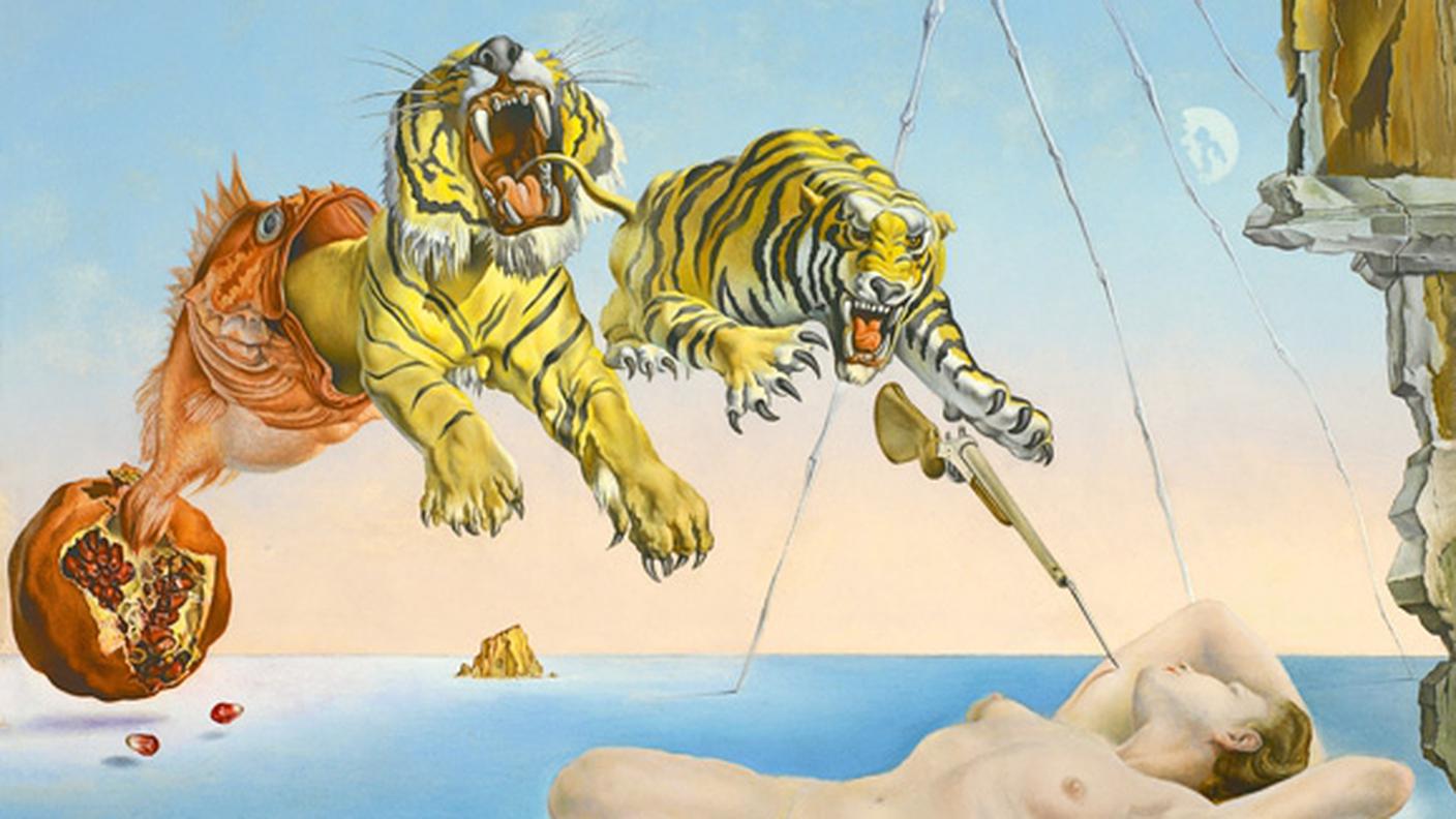 Salvador Dalì, "Sogno causato dal volo di un'ape intorno a una melagrana un attimo prima del risveglio" (1944) - dettaglio (courtesy Fondazione Beyeler)