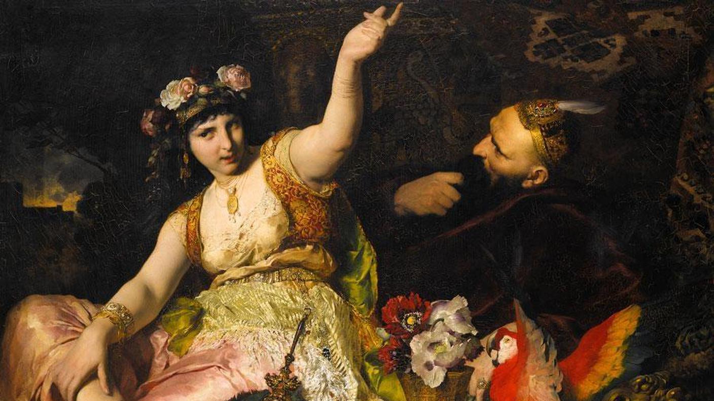 Shahrazād racconta le sue storie al principe Shāhriyār in un dipinto di Ferdinand Keller