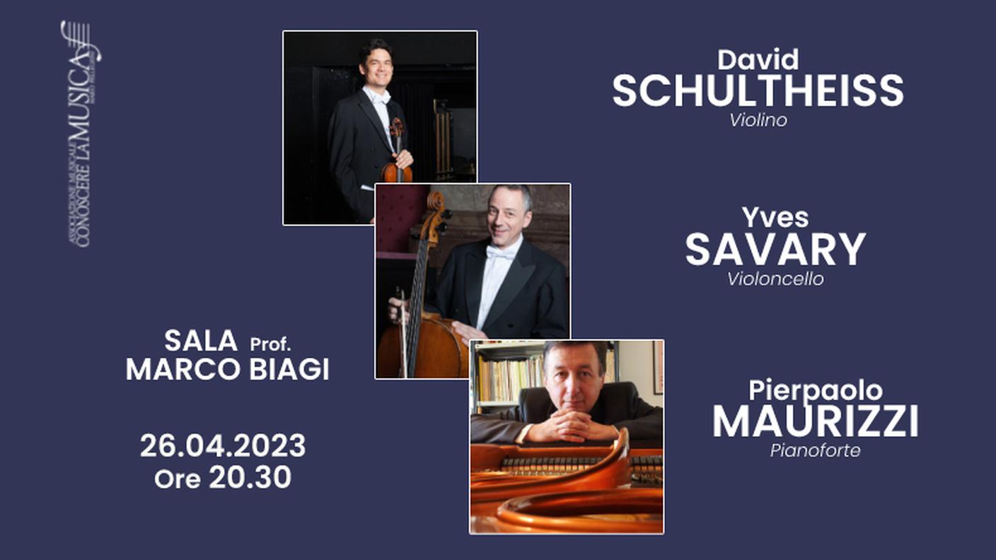 Locandina dell'evento di David Schultheiss, Yves Savary e Pierpaolo Maurizzi alla rassegna "Conoscere la musica" di Bologna