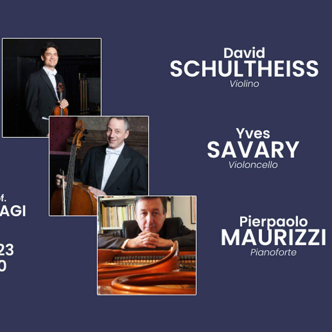 Locandina dell'evento di David Schultheiss, Yves Savary e Pierpaolo Maurizzi alla rassegna "Conoscere la musica" di Bologna