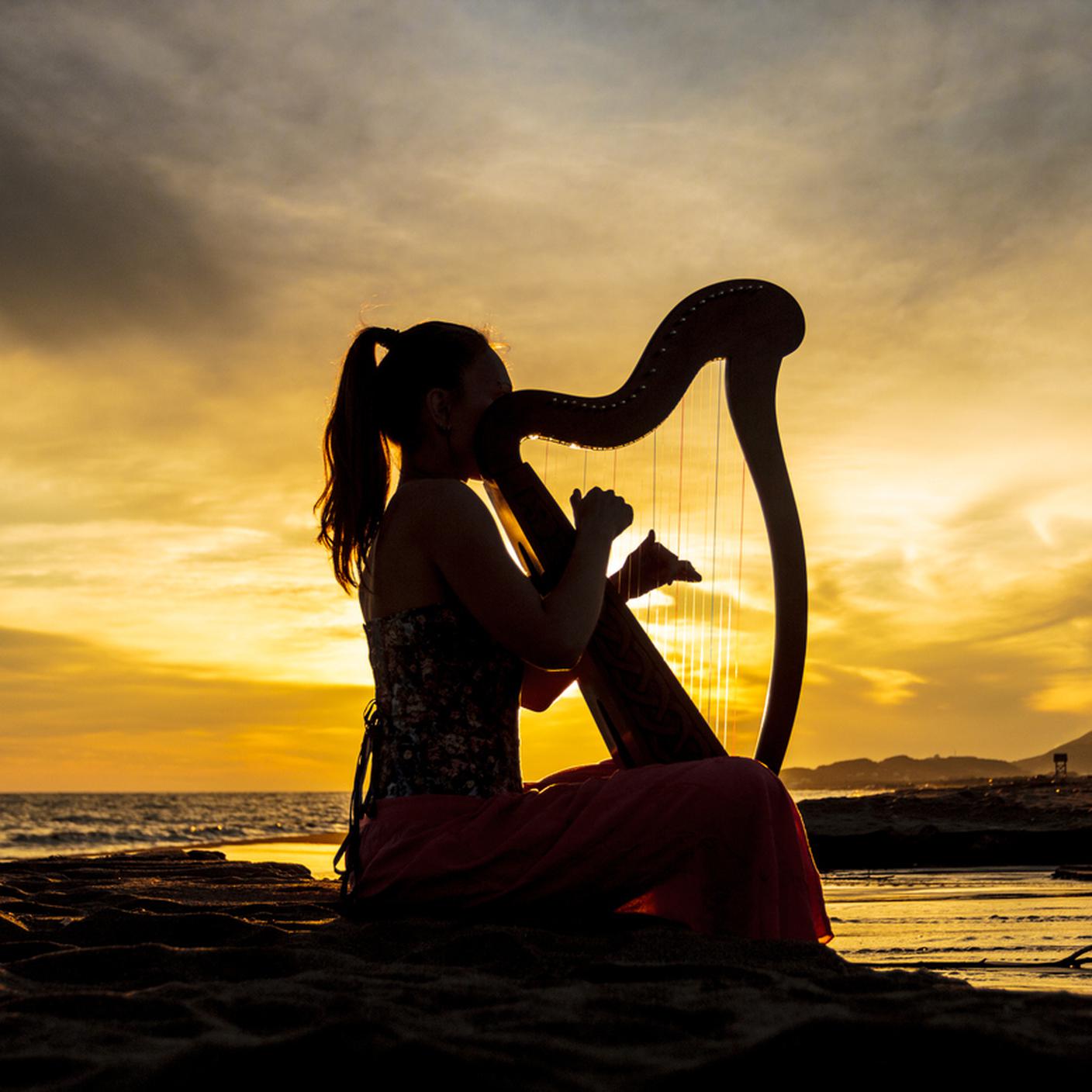 arpa, musica, tramonto, strumento