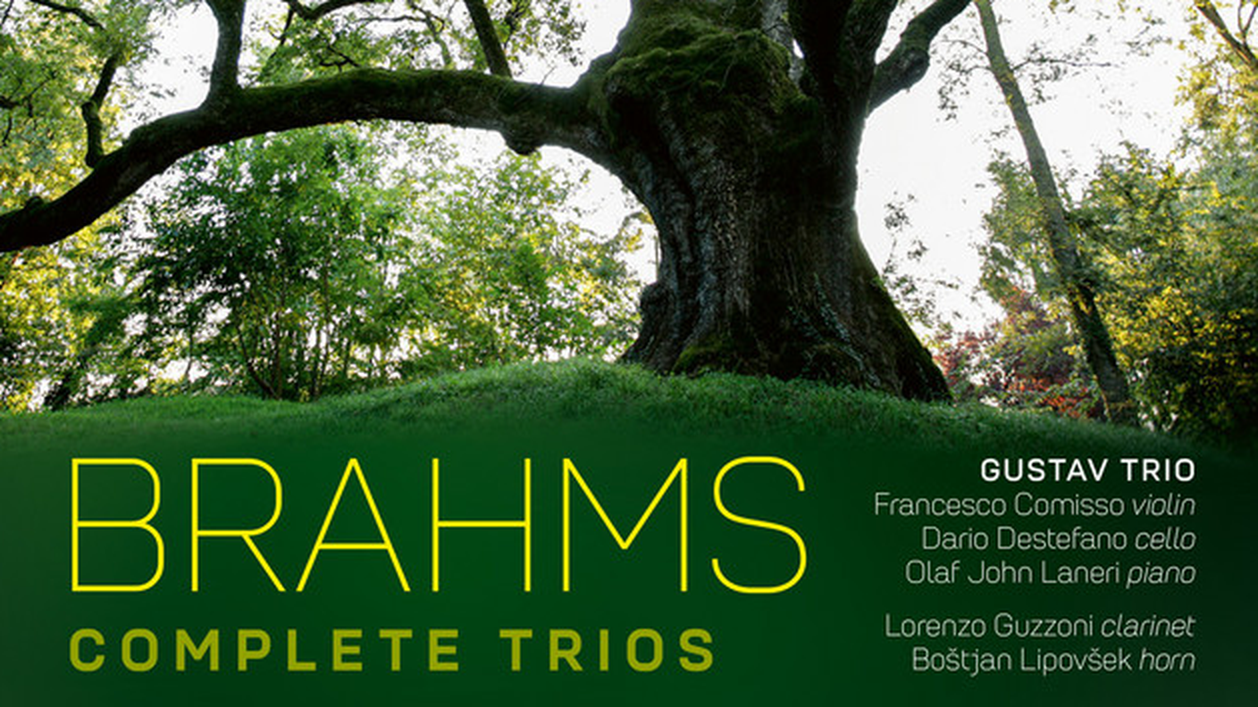 "Brahms: Complete Trios" Gustav Trio, con Francesco Comisso, Boštjan Lipovšek, Lorenzo Guzzoni, Brillant Classics (dettaglio di copertina)