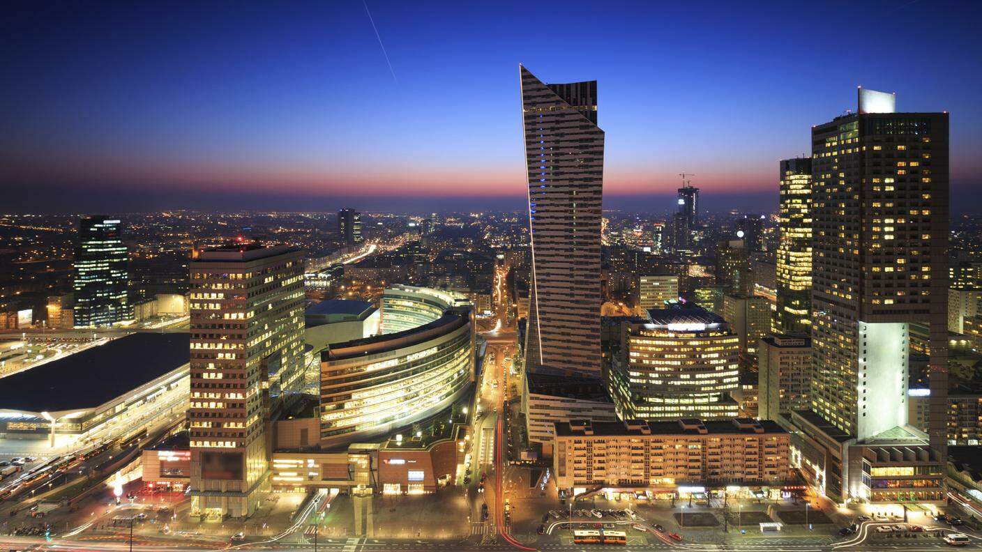 iStock_Warsaw, Poland, Night, Urban Skyline, Office Building