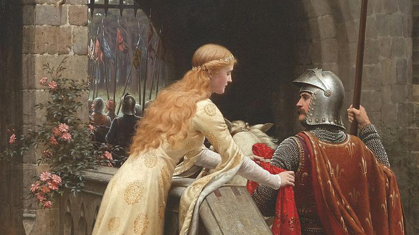Questa raffigurazione ritrae il tema dell'Amor Cortese, dove vengono messe in risalto le doti e le virtù umane, elementi tipici del Romanzo Cortese. L'opera si intitola "Buona fortuna!" Olio su tela di Edmund Blair Leighton, 1900.
