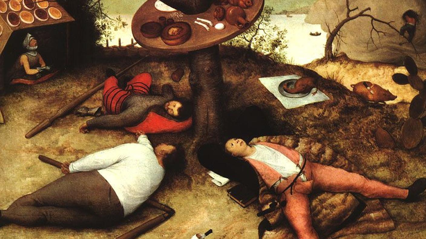 Pieter Bruegel il Vecchio, "Paese della cuccagna", olio su tavola (52x78 cm), 1567, Alte Pinakothek, Monaco di Baviera (Wikipedia)