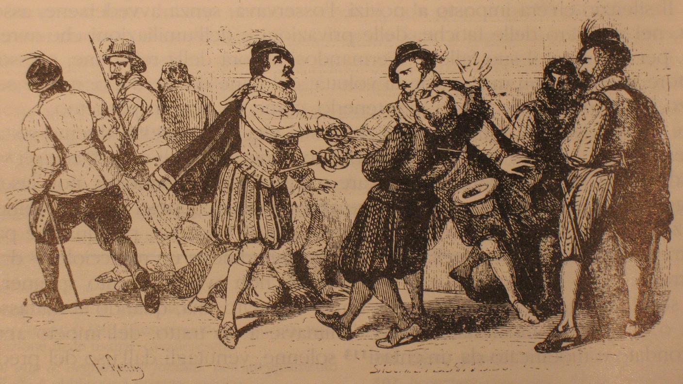 Illustrazione tratta da "I promessi sposi" raffigurante l'omicidio compiuto da Ludovico (fra Cristoforo) (Wikipedia)