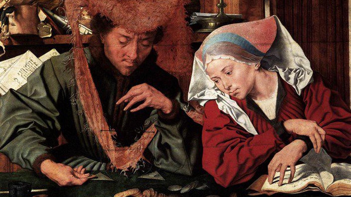 Quentin Massys, "L'usuraio e sua moglie", 1514, olio su pannello, Musée du Louvre