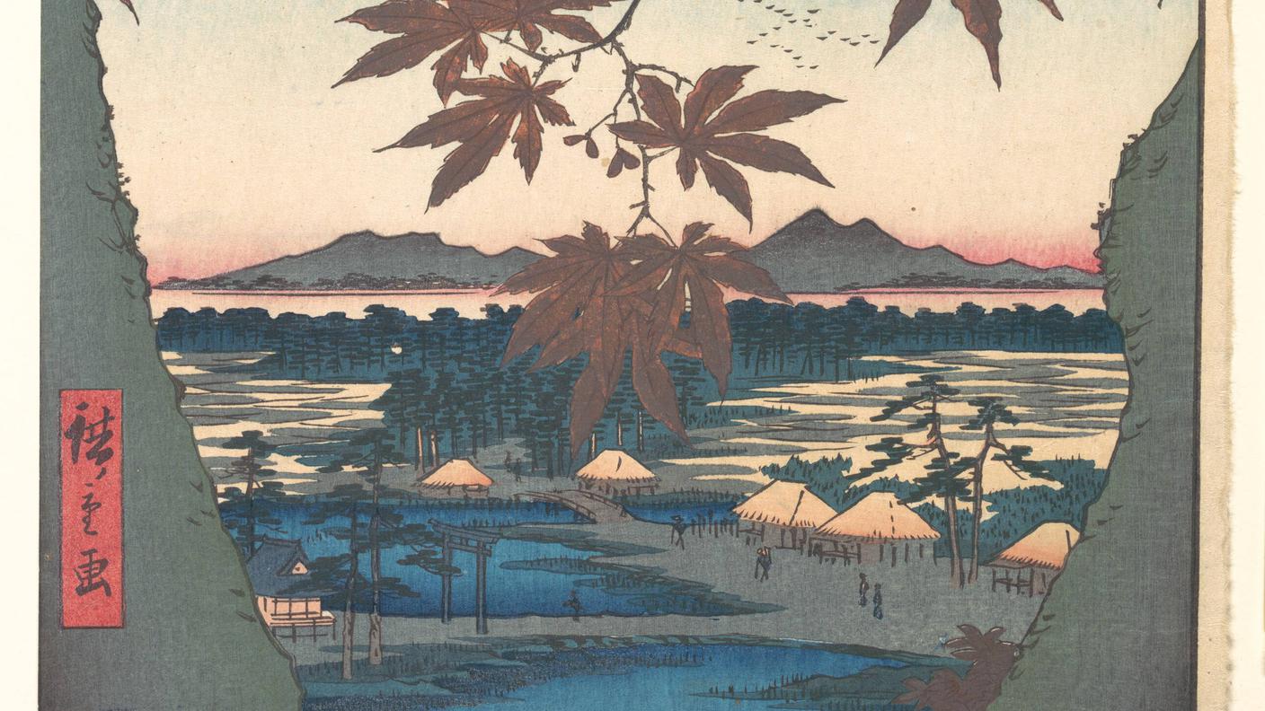 Utagawa Hiroshige (1797-1858), "Aceri a Mama, il santuario di Tekona e il ponte di collegamento" (da 94 famose vedute di Edo), 1857 (dettaglio dipinto)