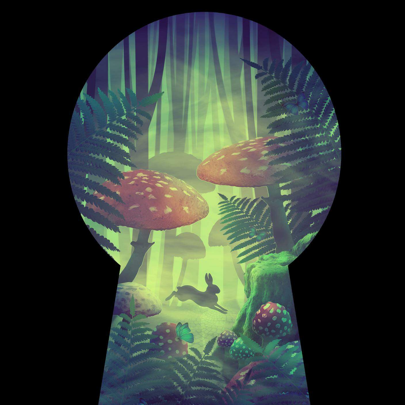iStock-Siluetta di buco della serratura su sfondo nero e fantastico paesaggio della foresta delle meraviglie con funghi - illustrazioni stock
