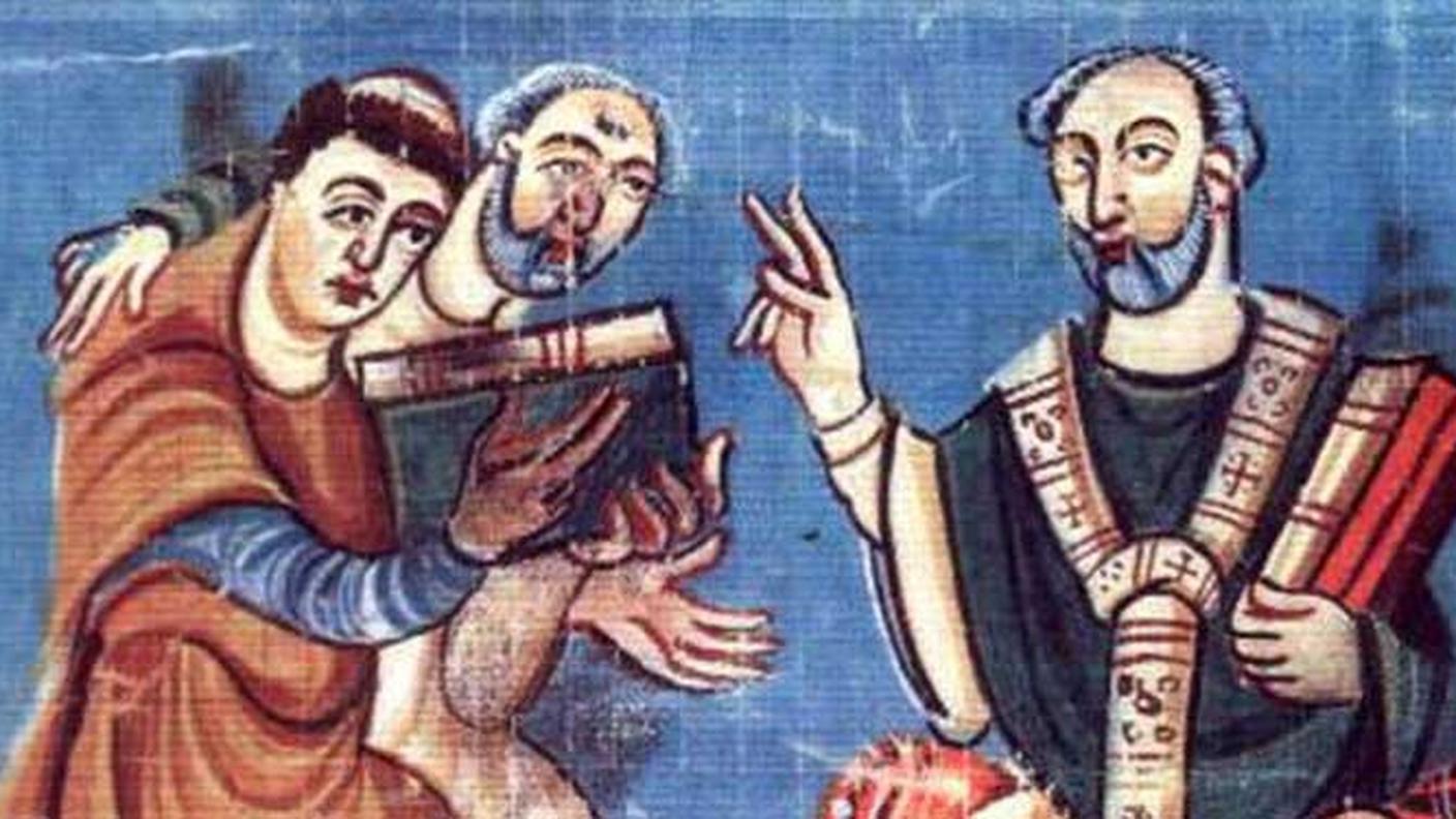 Rabano Mauro, accompagnato da Alcuino (al centro), nell'atto di presentare un libro all'Arcivescovo di Magonza, Otgar, (Vienna, Biblioteca Nazionale Austriaca, cod. 625 f. 1v.).