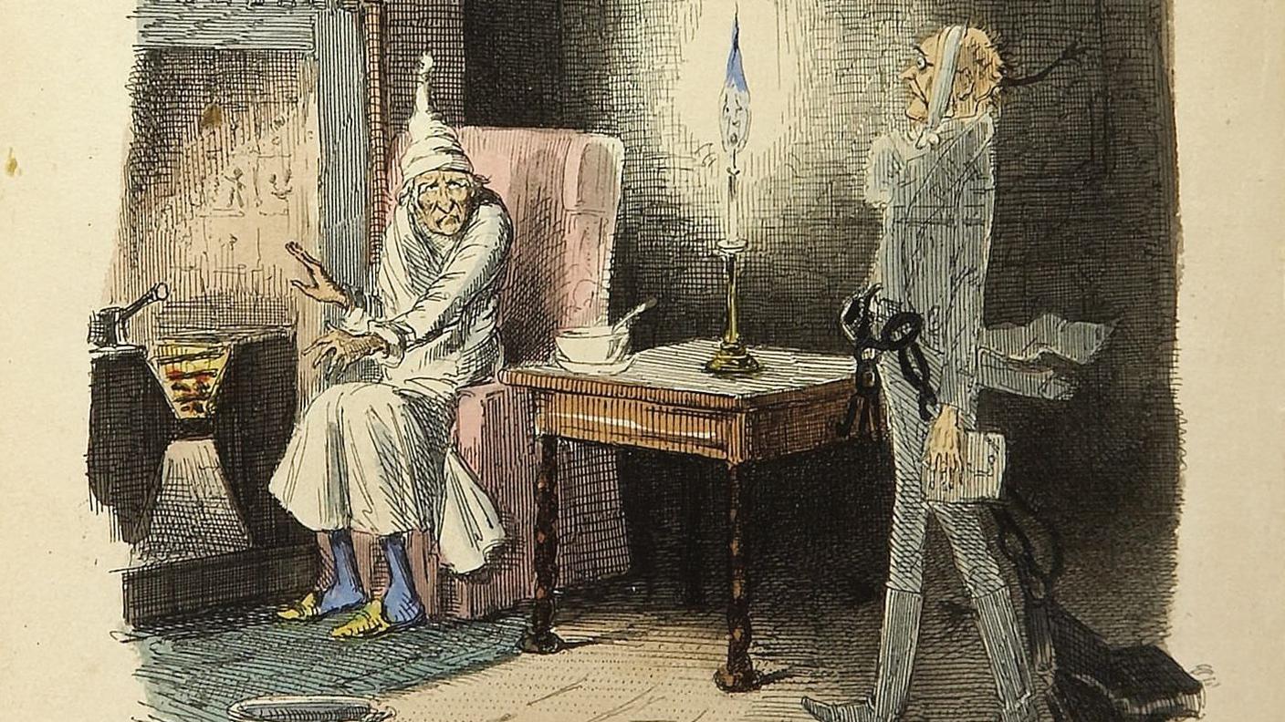 Ebenezer Scrooge parla al fantasma di Marley - Illustrazione di John Leech dal libro "Canto di Natale" di Charles Dickens, ed. Chapman & Hall, Londra, 1843. Prima edizione (Wikipedia)