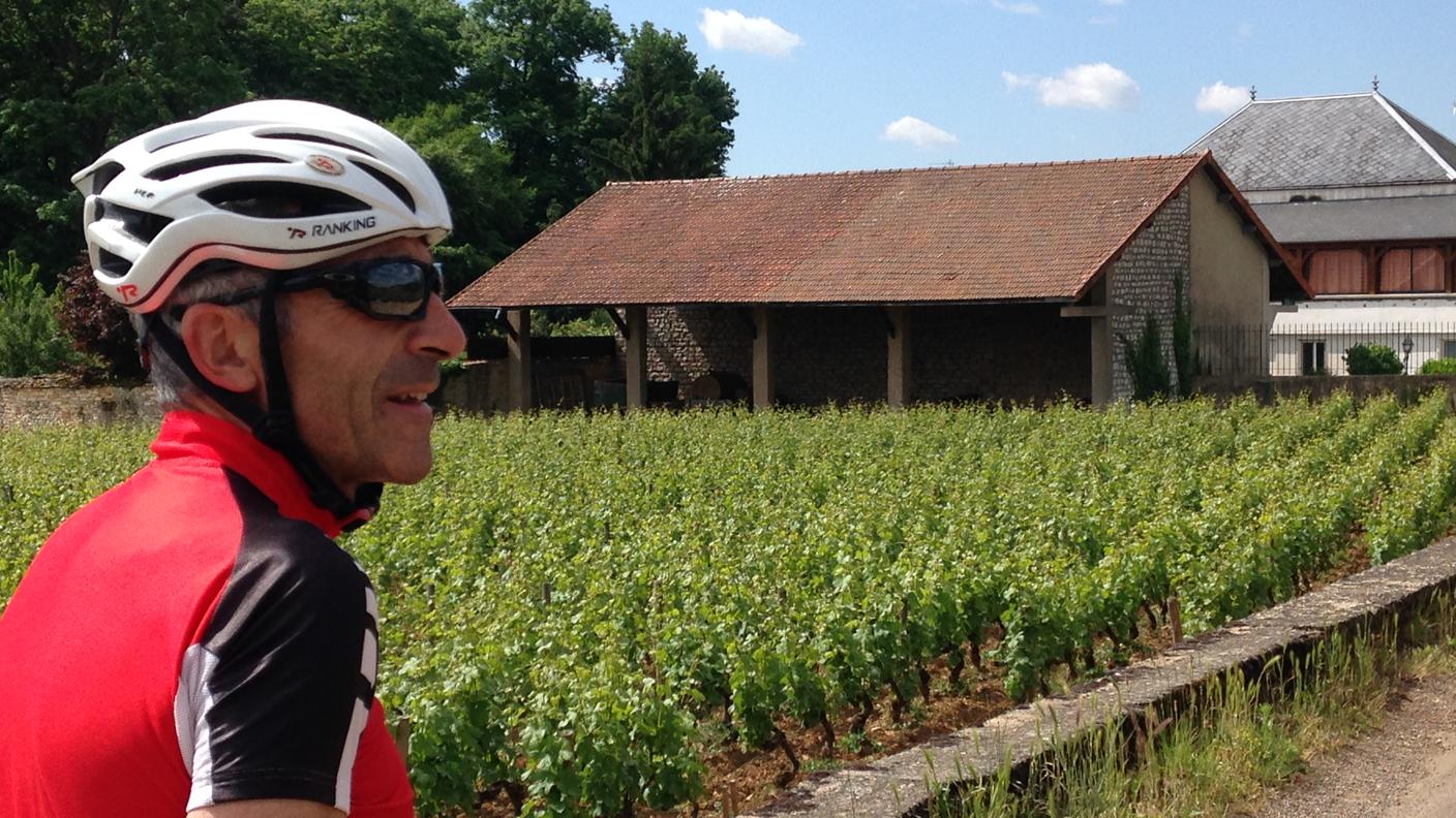 Il ciclista e collega Antonio Ferretti tra i vigneti della Borgogna, verso Santenay