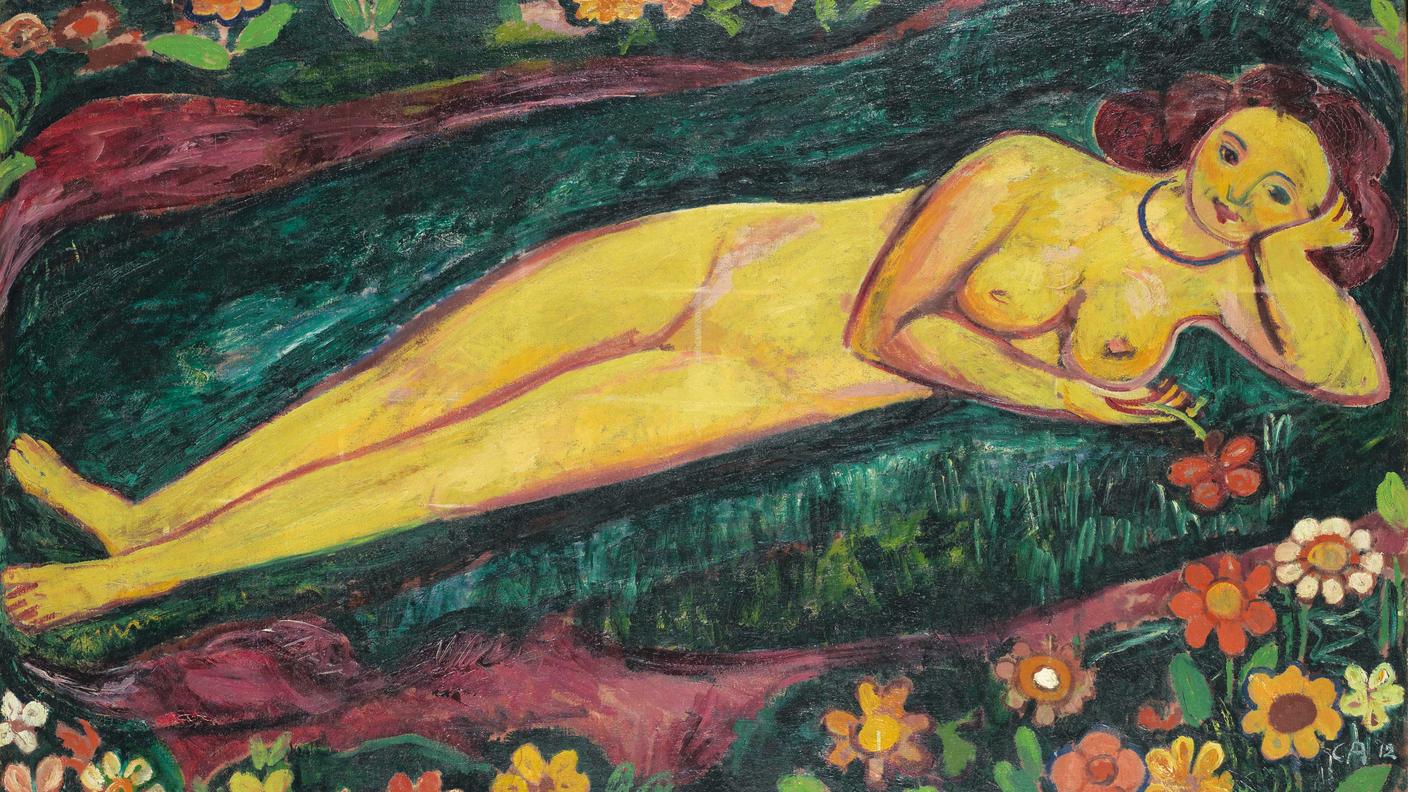 Cuno Amiet, Nudo femminile sdraiato con fiori, 1912, olio su tela, 100x160.5 cm
