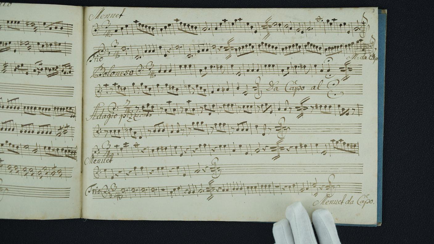 Manoscritto musicale di Wolfgang Amadeus Mozart esposto a Lipsia