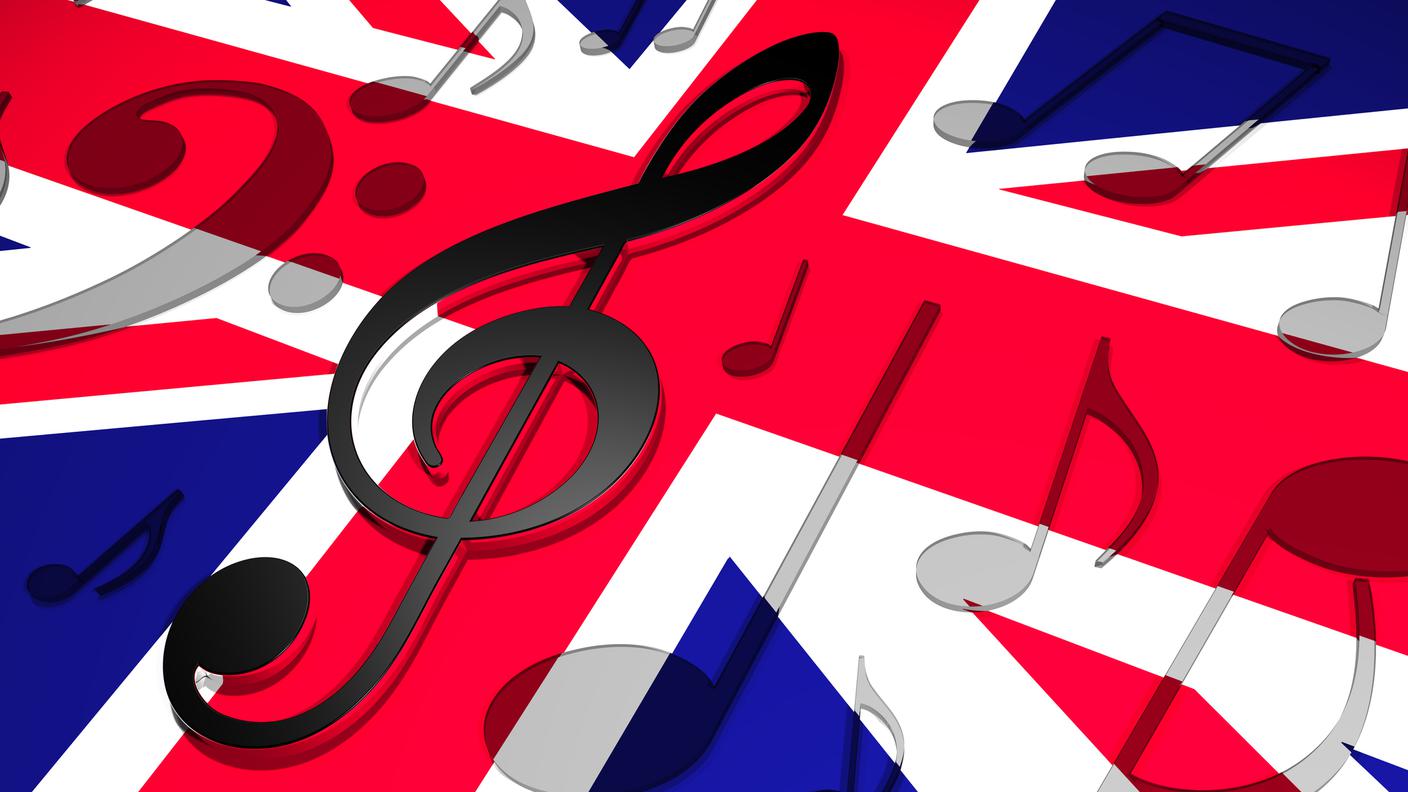 Bandiera Regno Unito con note musicali