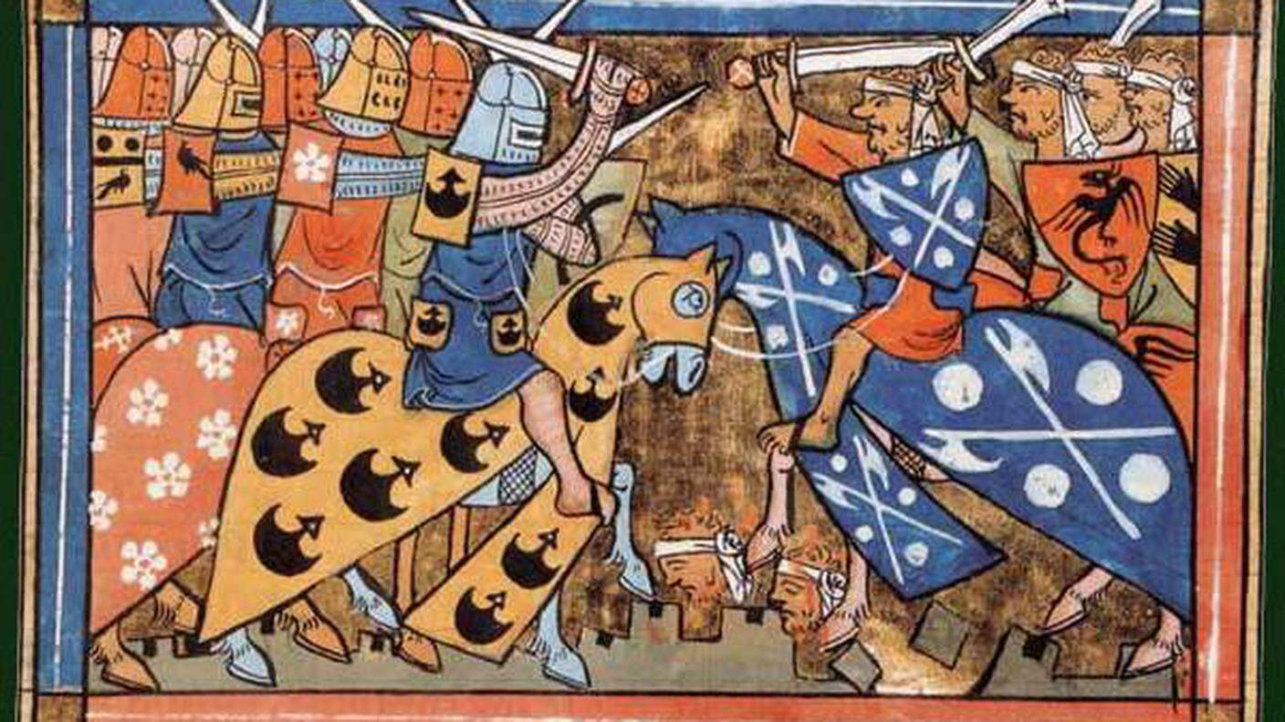 Una battaglia della seconda crociata (1147-1150), illustrazione tratta da Histoire d'Outremer di Guglielmo di Tiro