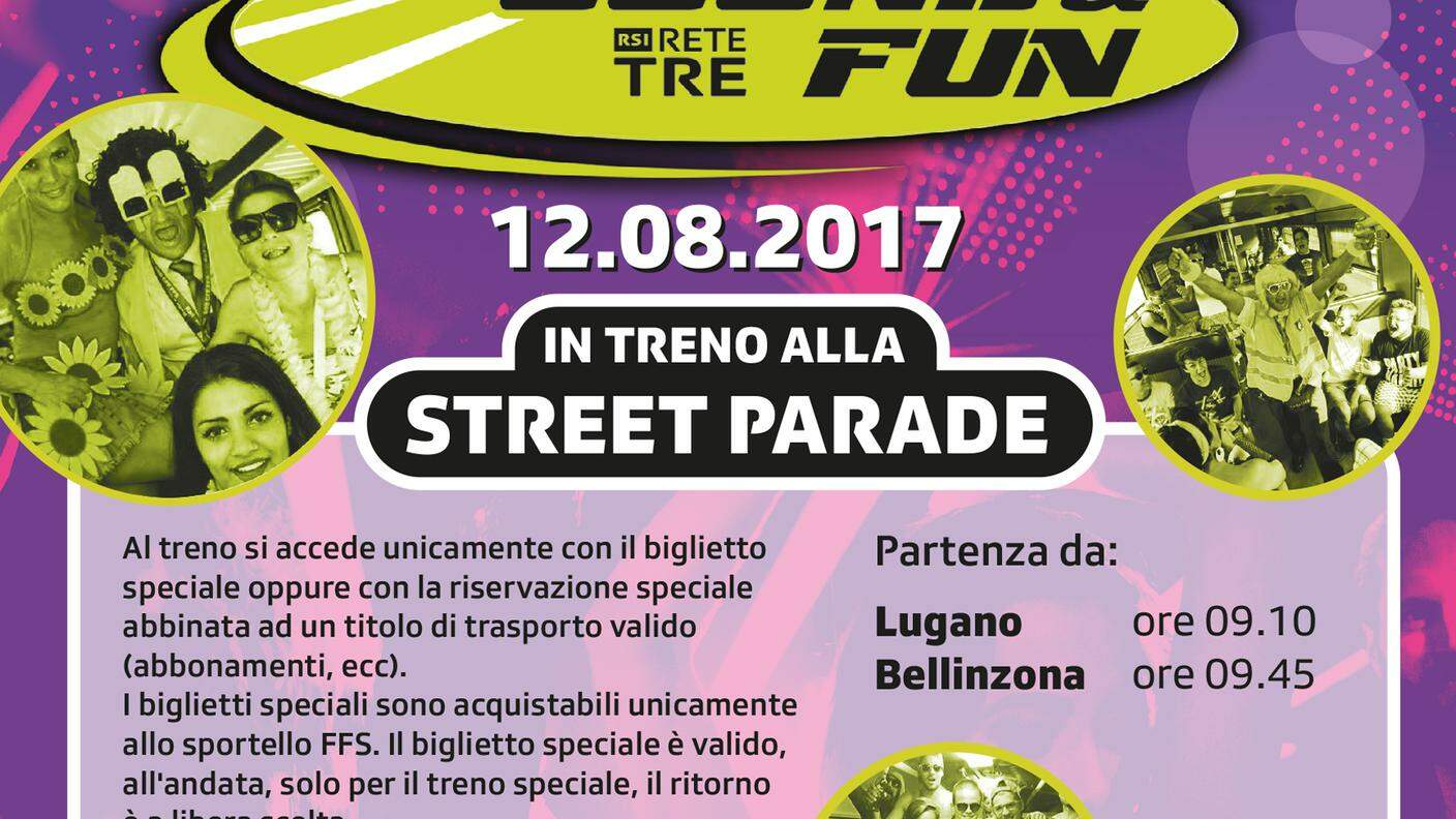 Flyer treno Sound and Fun ReteTre retro - Street Parade