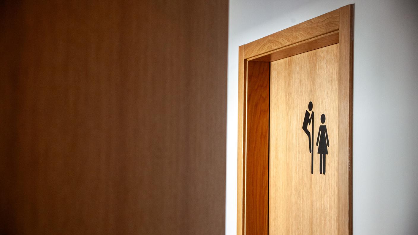 satira, uomo spia donna nel bagno