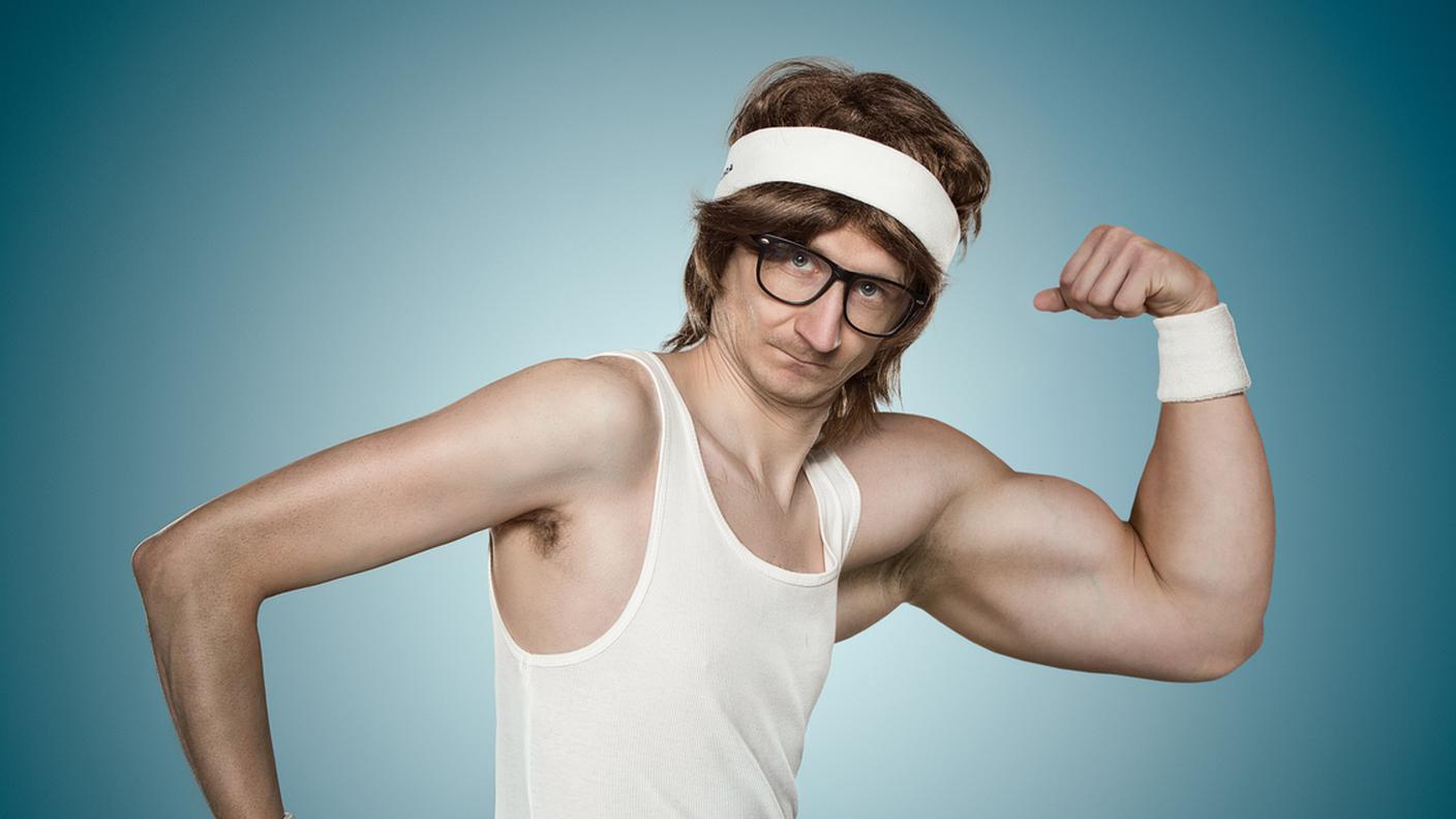 Divertente retrò uomo macho, uomo virile, Ebete, Struttura muscolare del torso, Esercizio fisico, Culturismo