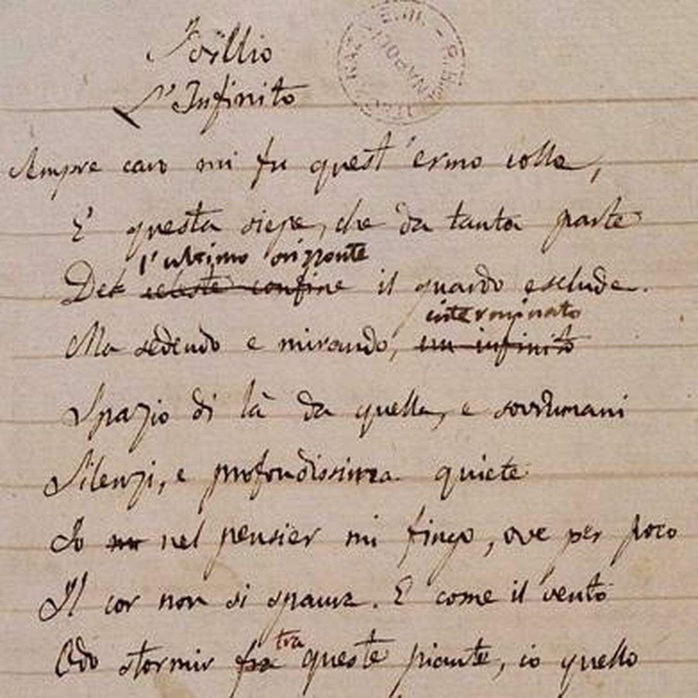 Manoscritto "L'infinito" di Giacomo Leopardi (1798-1837) 