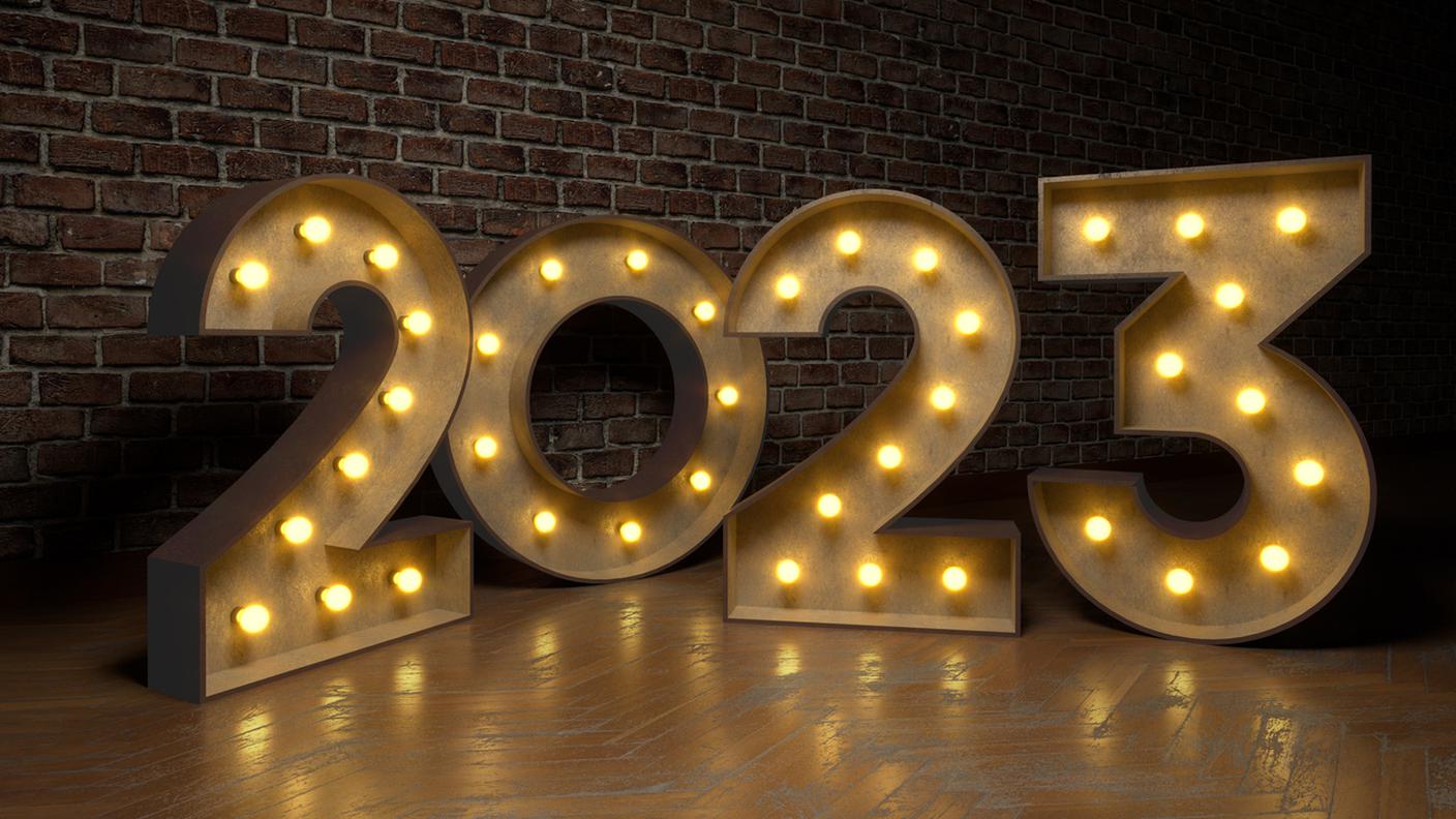 2023 sotto i riflettori, luci, numero, anno