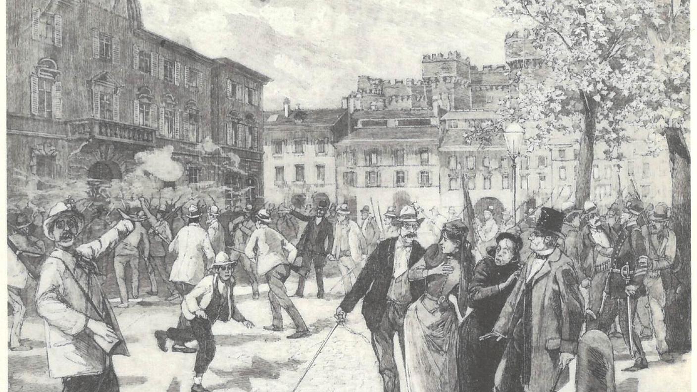 La presa di Palazzo delle Orsoline. Fonte. Silografia, disegno di M. Parys da uno schizzo di M. Dunki, inviato del giornale parigino «L’Illustration», Bellinzona