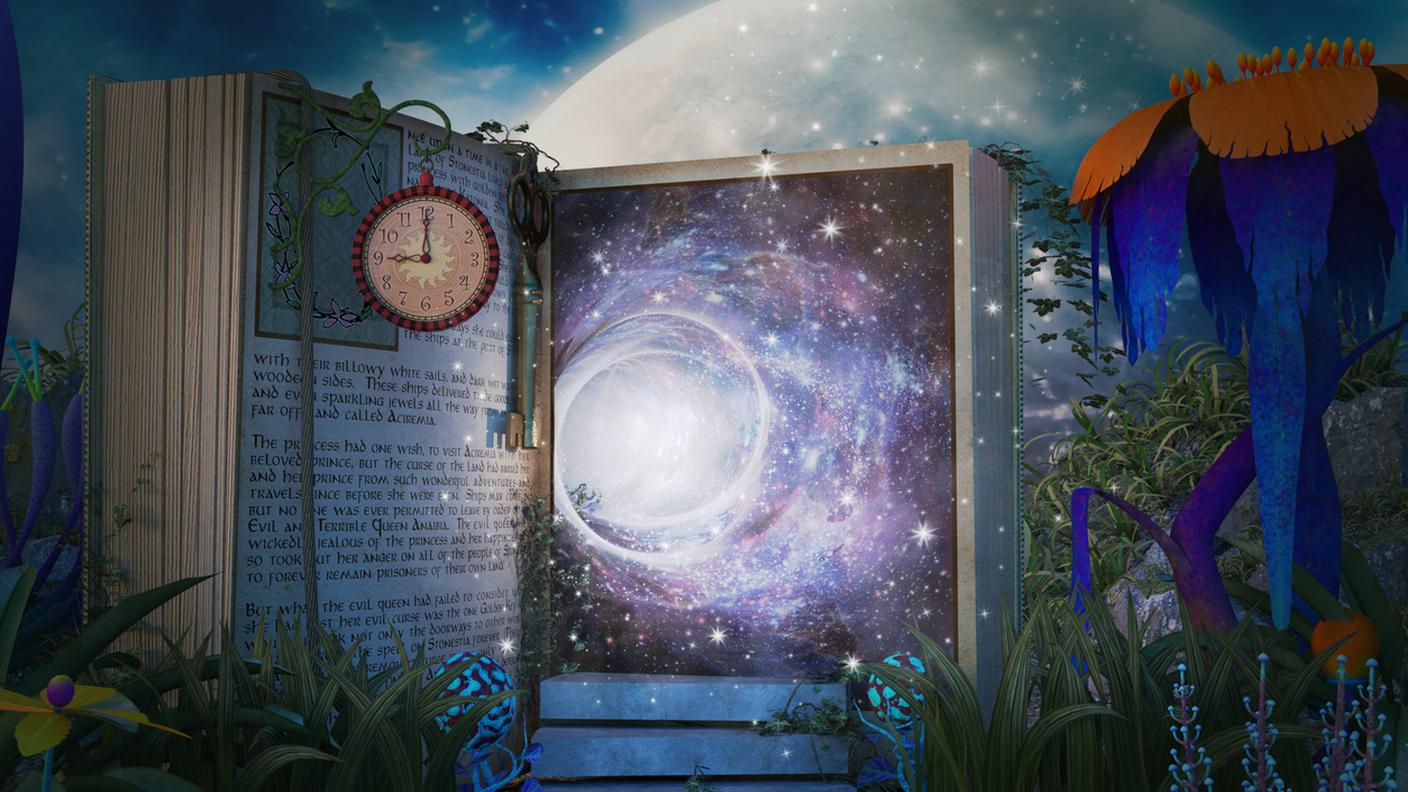 Magico libro aperto su uno strano pianeta con un portale