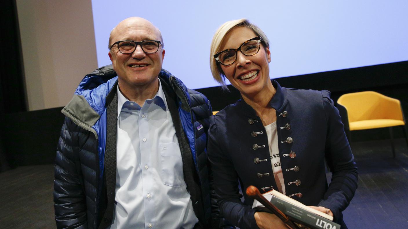Luigi Pedrazzini, Presidente Consiglio regionale CORSI, e Lara Montagna, Volti dell'alpe, Palacinema Locarno, 25.02.18