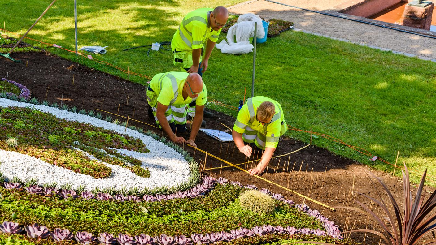 Giardinieri che piantano fiori