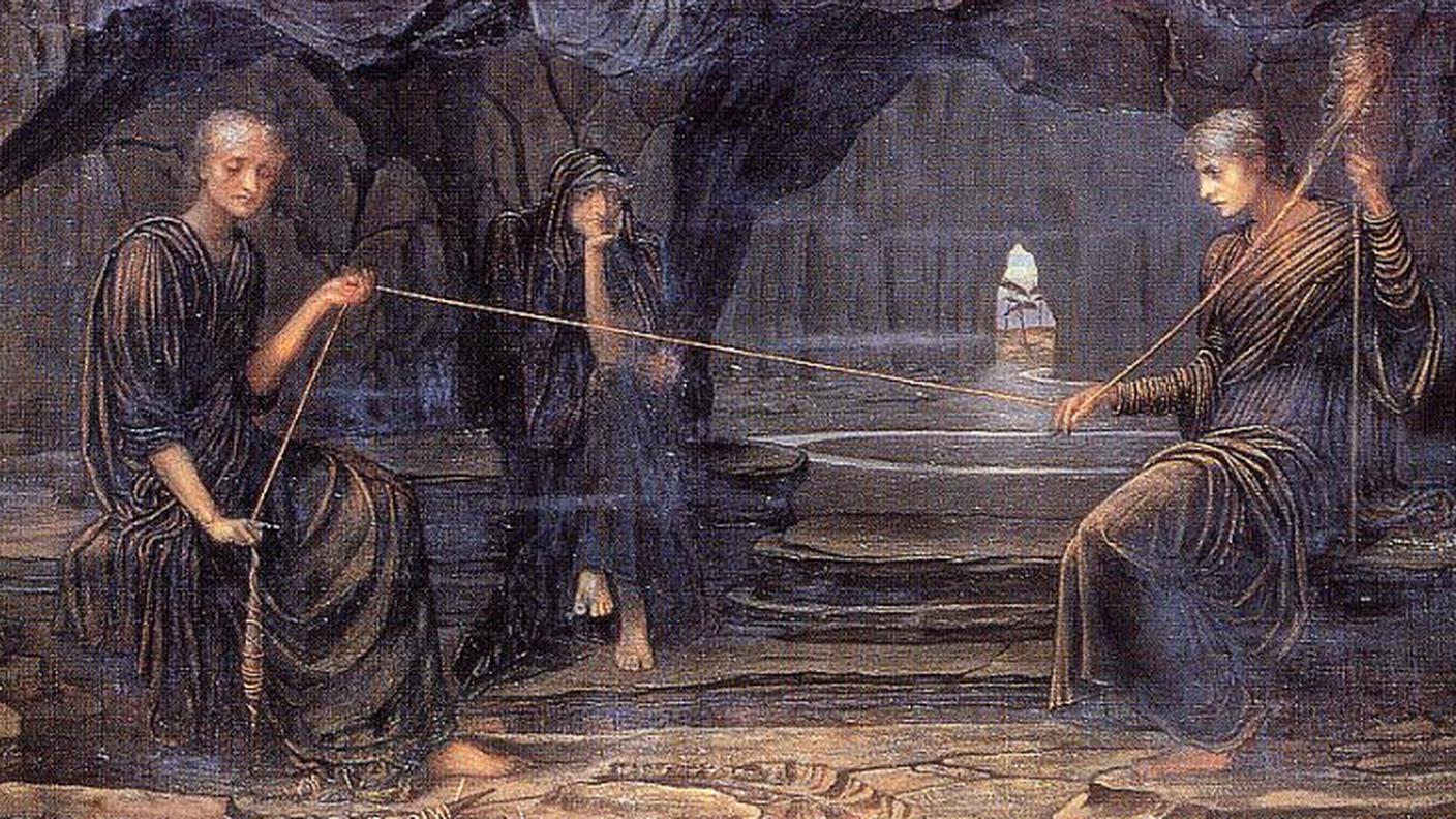 Le Moire Cloto e Lachesi intente a tessere il filo del fato. La Moira Atropo siede nell'attesa inesorabile di reciderlo - John Strudwick, A Golden Thread (Un filo prezioso), 1885 (olio su tela)