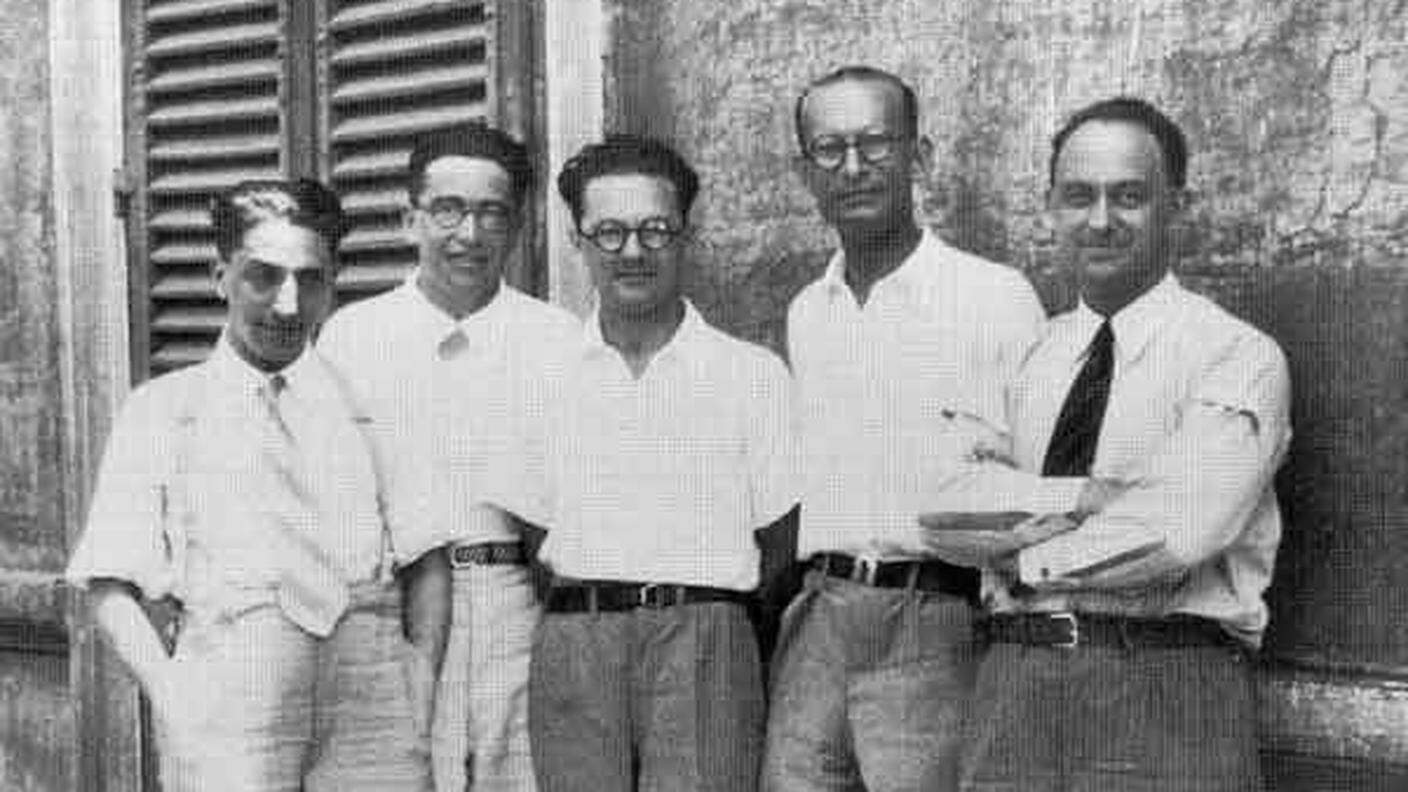 Ragazzi di via Panisperna, da sinistra Oscar D'Agostino, Emilio Segrè, Edoardo Amaldi, Franco Rasetti ed Enrico Fermi