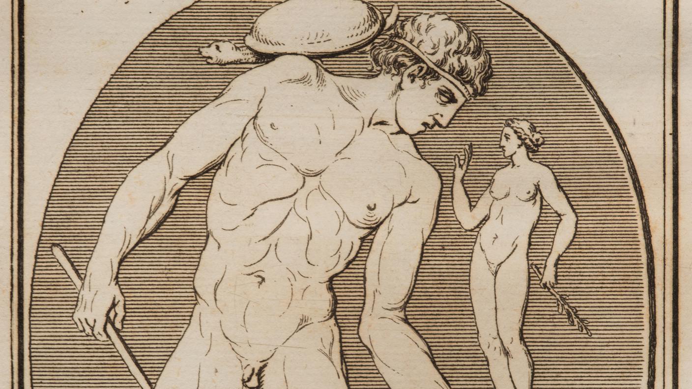 Anonimo, Scarabeo raffigurante Mercurio con una testuggine presente nella collezione del museo Stoschiano, incisione inserita in “Monumenti antichi inediti” n. 39, 1767