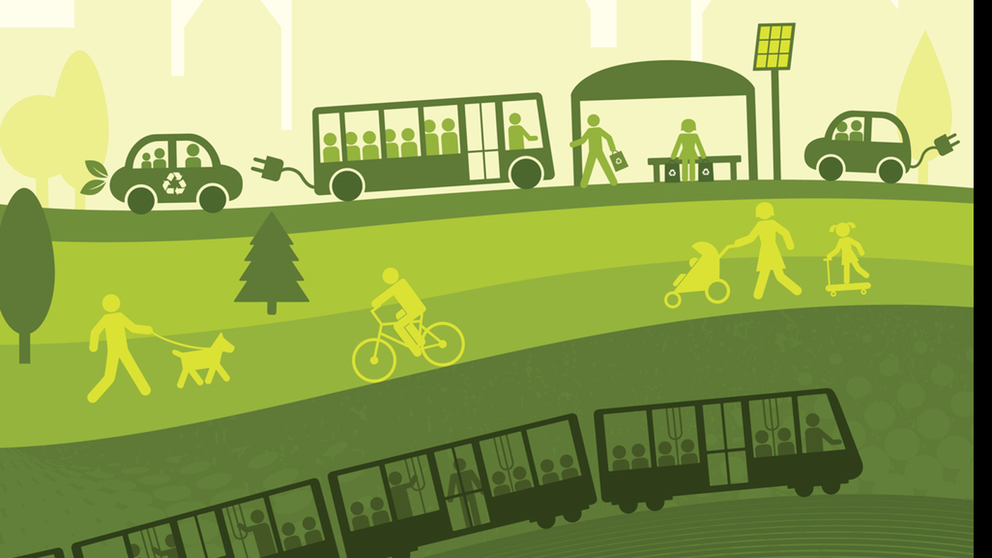 Mobilità sostenibile, autobus, Bicicletta, piedi, tram, eco