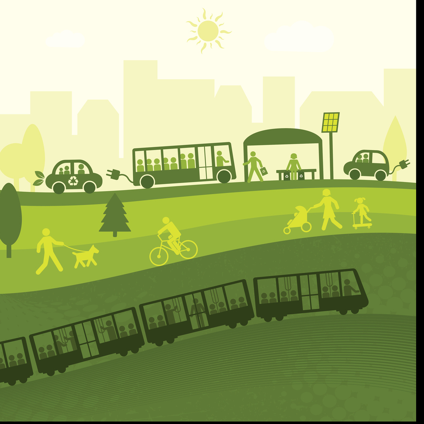 Mobilità sostenibile, autobus, Bicicletta, piedi, tram, eco