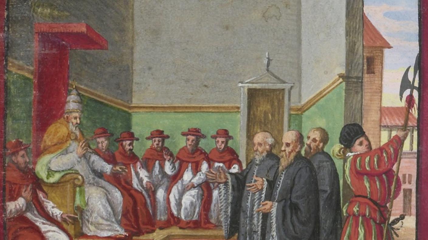 Conclave di Pio V, con una guardia svizzera all'entrata (Codex Maggi, 1578)