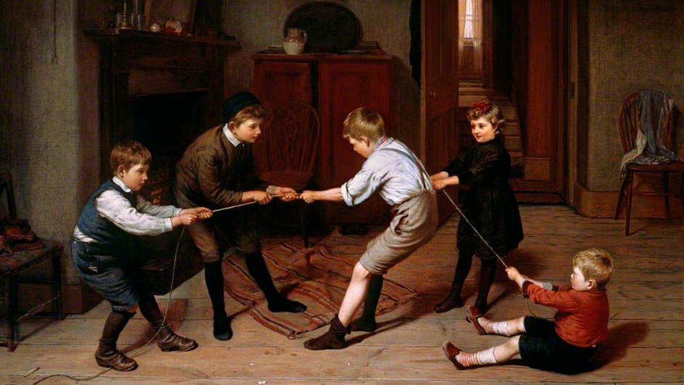 Harry Brooker: Playing at 'Tug of War' in a Domestic Interior, 1891