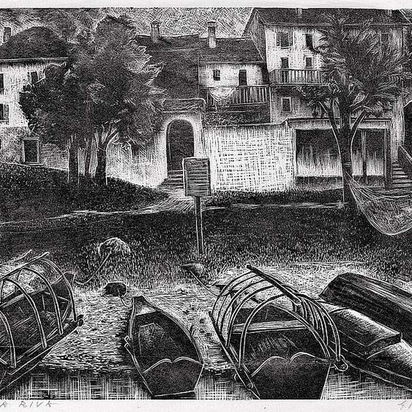 Barche a riva, Silografia di Giovanni Bianconi, 1940-1950