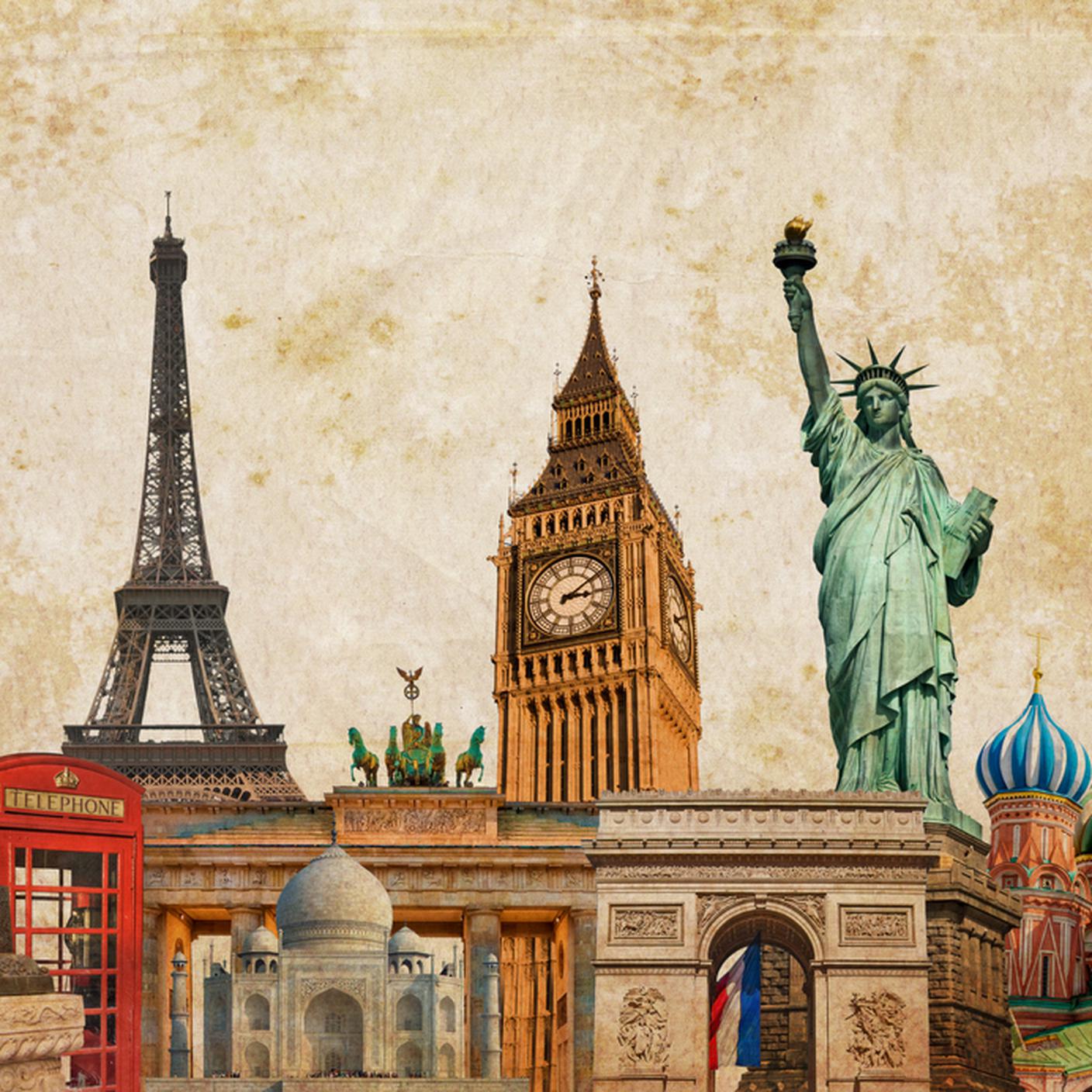 viaggi, monumenti mondiali diverse capitali, Tour Eiffel, Statua libertà, cabina telefonica londinese, agenzia viaggi, Big Ben