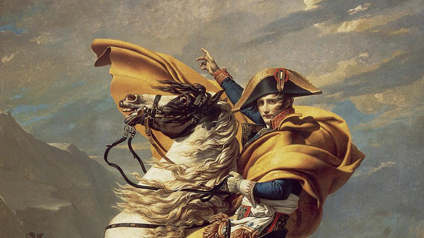 Napoleone Bonaparte valica il Gran San Bernardo, di Jacques-Louis David  (1748–1825) presso il Castello della Malmaison, Rueil-Malmaison