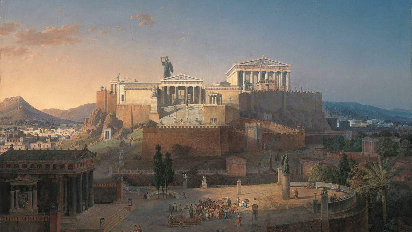 Idealistica ricostruzione dell'Acropoli e dell'Areopago di Atene: dipinto di Leo von Klenze, 1846 (Neue Pinakothek, Monaco di Baviera).