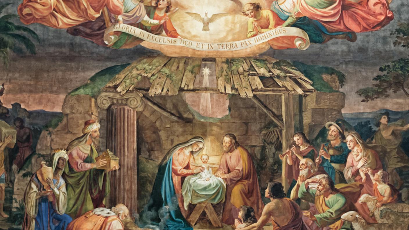 Nascita di Gesù Cristo nella stalla di Betlemme con Maira e Giuseppe, pastori e angelo, Affresco presso la chiesa d'Appenzello